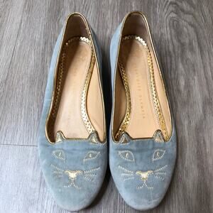 Charlotte Olympia Women's Baby Blue Embroidered Vamp Kitty Flats sz 36.5/US 6.5